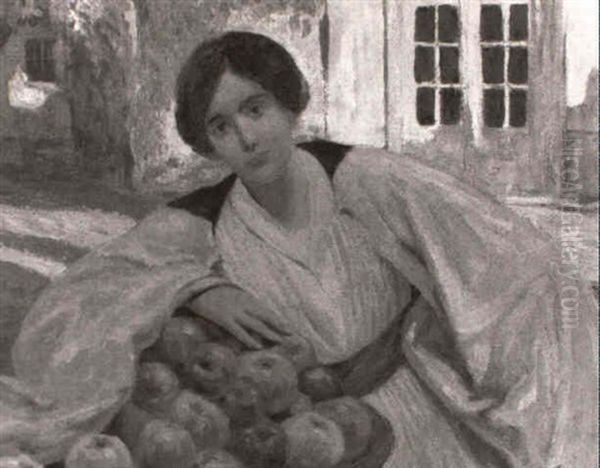 Rose Chatain Avec Une Cape Rose Tenant Un Panier De Pommes  A Auliac Oil Painting by Edmond Tapissier
