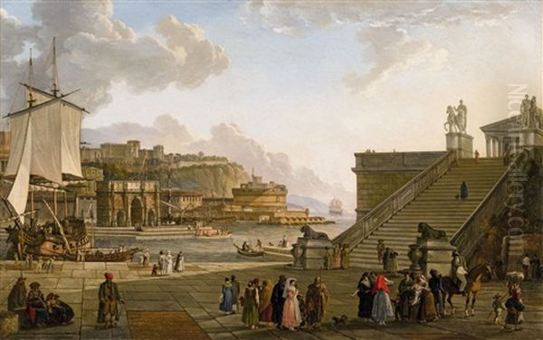 A Harbour Scene With A Capriccio Oil Painting by Jean Jacques Francois Taurel
