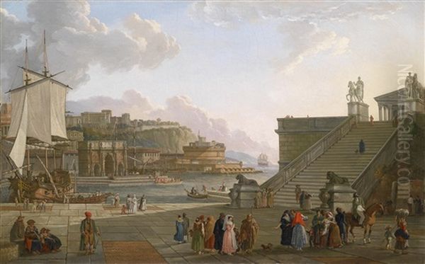 Ein Mediterraner Hafen Mit Einem Architekturcapriccio Aus Motiven Der Romischen Antike Oil Painting by Jean Jacques Francois Taurel