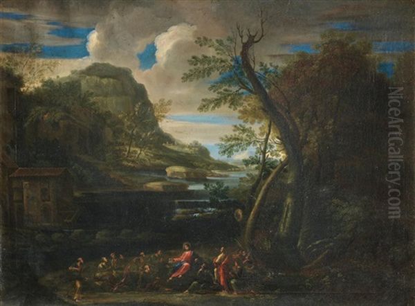A Mountainous Wooded Landscape With Christ Preaching In A Carved Frame Oil Painting by Carlo Antonio Tavella, Il Solfarola