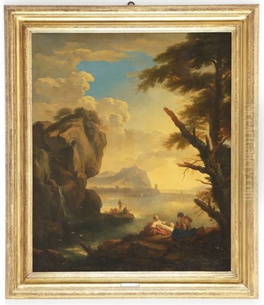 Costa Ligure Con Figure E Punta Oil Painting by Carlo Antonio Tavella, Il Solfarola