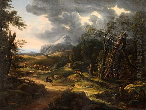Gewittrige Landschaft Mit Hirte Und Herde Oil Painting by Carlo Antonio Tavella, Il Solfarola