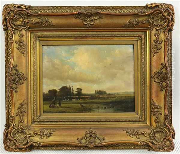 Panoramisch Landschap, Op De Voorgrond Figuren Met Een Hond Oil Painting by Johannes Tavenraat