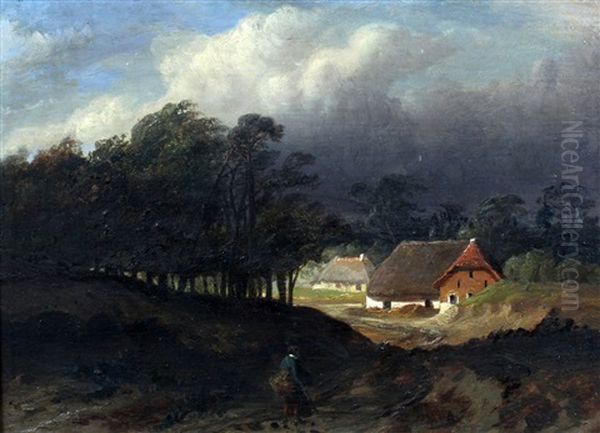 Wandelaarster Op Weg Naar Een Boerenhoeve Onder Een Opkomend Onweer Oil Painting by Johannes Tavenraat
