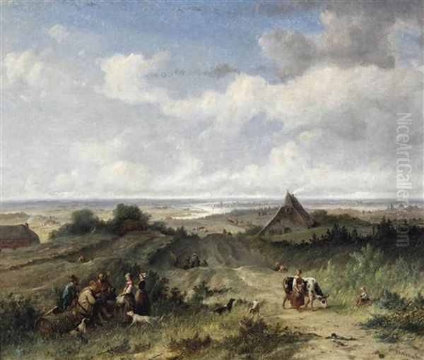 A Panoramic River Landscape With Figures Conversing In The Foreground Oil Painting by Johannes Tavenraat