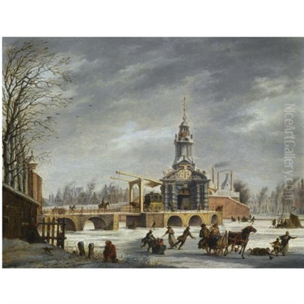 Skaters Near The Haarlemmer Poort, Amsterdam Oil Painting by Johannes Tavenraat