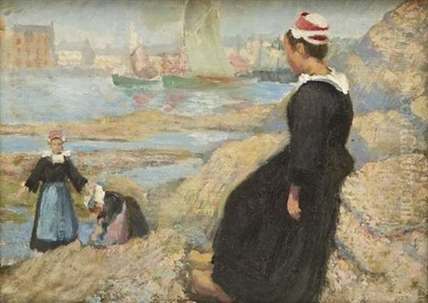 Girls At The Water's Edge, Brittany Oil Painting by Samuel C. Taylor