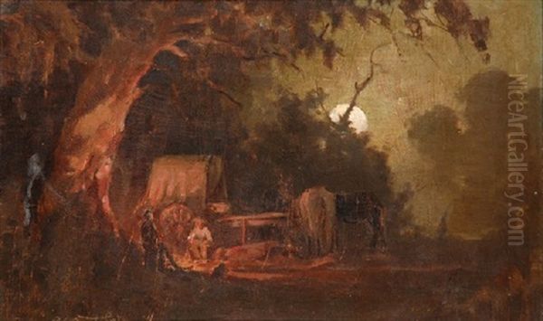 Swagmen In Moonlight Oil Painting by Robert Eagar Taylor-Ghee