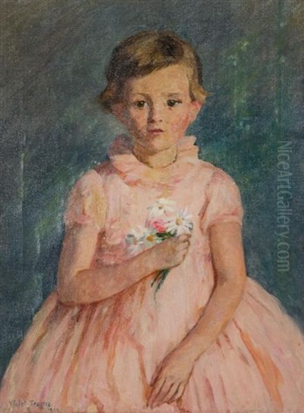 Girl In Pink Dress Oil Painting by Violet H. Evangeline Teague