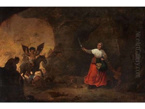 Frau Mit Goldschatz Und Sabel In Einer Rauberhohle Oil Painting by David The Elder Teniers