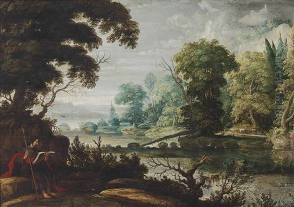A Wooded Landscape With Saint James The Elder Resting On A Riverbank, With A Herdsman And His Cattle In The Distance, And A Town Beyond Oil Painting by David The Elder Teniers