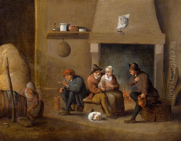Boereninterieur Met Drinkende Figuren Bij Een Haardvuur Oil Painting by David The Elder Teniers