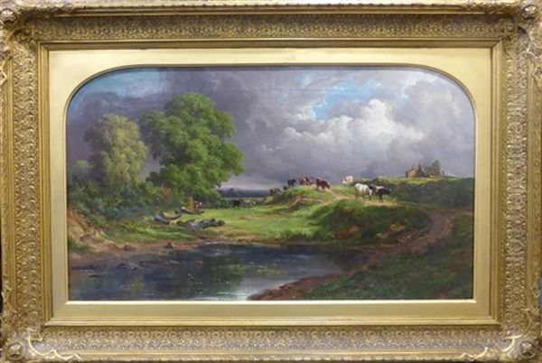 Cattle Grazing In A River Landscape Oil Painting by John F Tennant