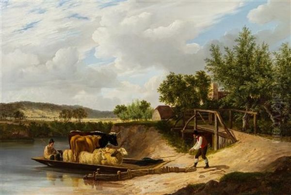 Ferrying Cattle And Sheep Oil Painting by John F Tennant