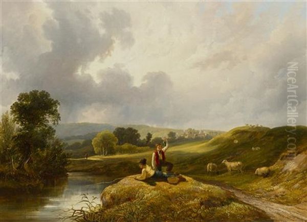 Landscape With Boys Fishing Oil Painting by John F Tennant