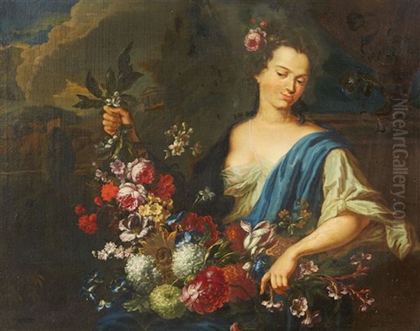 A Young Woman With A Garland (flora?) Oil Painting by Augustus Terwesten