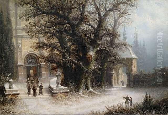 Cortege At A Cloister In Winter Oil Painting by Albert Bredow