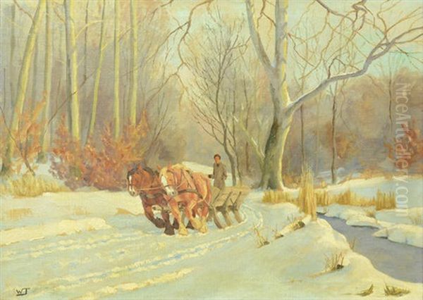 Winter Landscape With Cart And Horses Oil Painting by Wlodzimierz Tetmayer