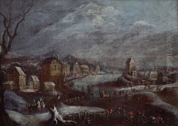 Das Eisvergnugen Vor Verschneiter Dorflandschaft Oil Painting by Franz-Joseph (Weber) Textor