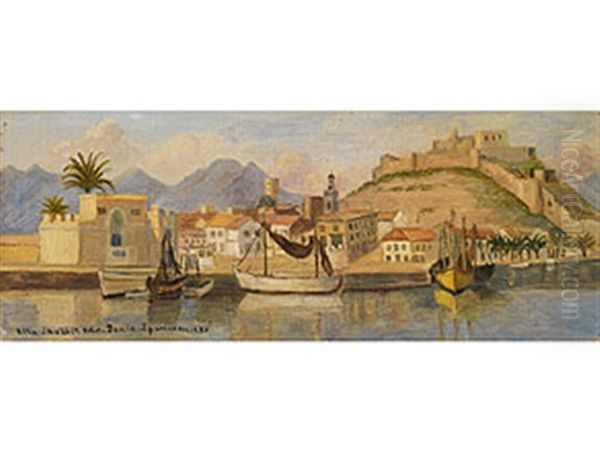 Panoramabild Einer Sudlichen Hafenstadt Mit Erhoht Stehender Burg Sowie Palmen Oil Painting by Ella Thalbitzer