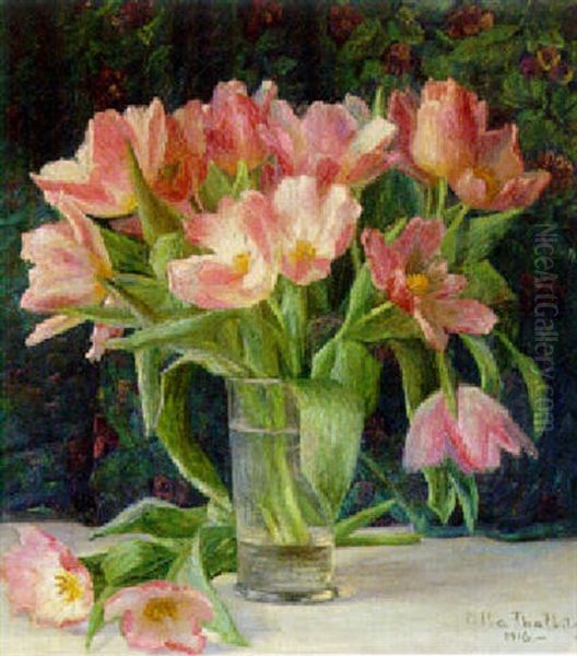 Tulips In A Glass Vase Oil Painting by Ella Thalbitzer