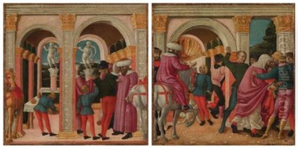 Two Episodes From The Life Of An Early Christian Saint: The Arrival Of The Saint (+ The Stoning Of The Saint; Pair) Oil Painting by  The Master of Palazzo D鈥橝rco