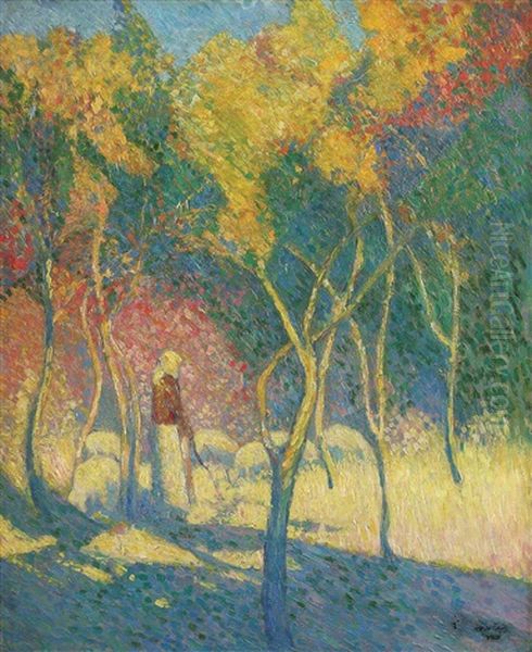 Ciobanita Cu Turma De Oi, Efect De Lumina Oil Painting by Ion Theodorescu Sion