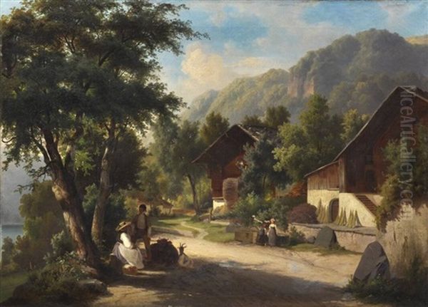 Partie Aus Den Schweizer Alpen (brienzer See?) - Sommertag Im Dorf Oil Painting by Fuerchtegott Thessel