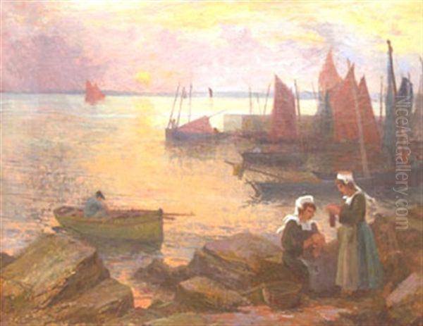 Dentellieres Devant La Mer Soleil Couchant Oil Painting by Henri Leon Thiebault