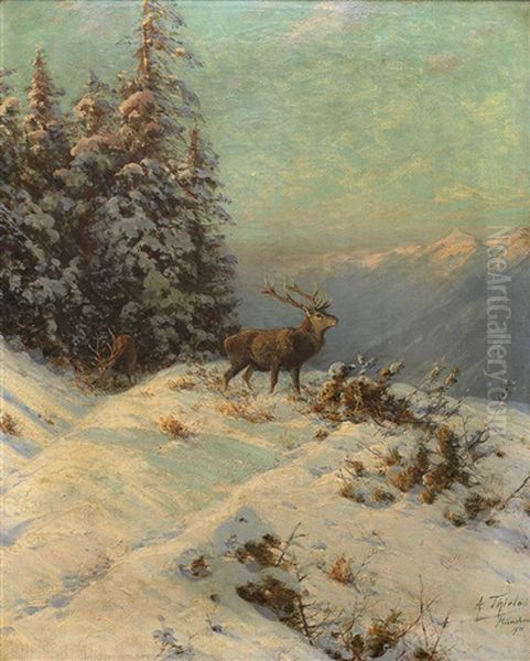 Ruckseitig Betitelt Winterabend Im Hochgebirg Oil Painting by Arthur Thiele