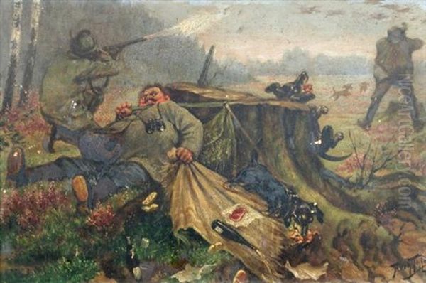 Satirical Prussian Hunting Scenes, With Dachshunds, Wine Bottles And Chaos; Sportsmen Resting Under A Tree (pair) Oil Painting by Arthur Thiele
