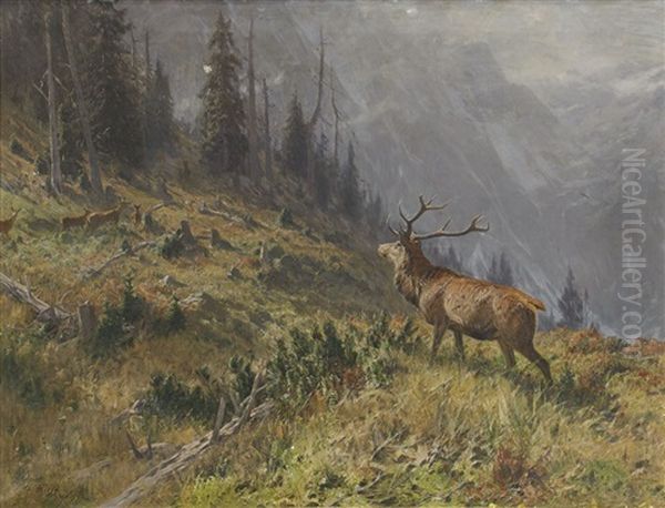 Hjortar I Alplandskap Oil Painting by Arthur Thiele