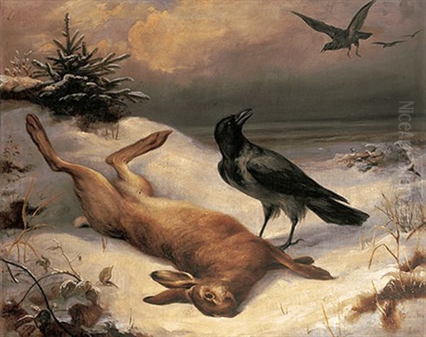 Winterliche Landschaft Mit Erlegtem Hasen Und Krahen Oil Painting by Arthur Thiele