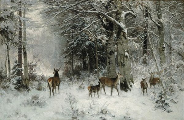 Deer In A Winter Landscape Oil Painting by Arthur Thiele