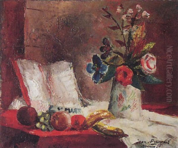 Stillleben Mit Blumenstrauss Und Buch Oil Painting by Jean Francois Thomas