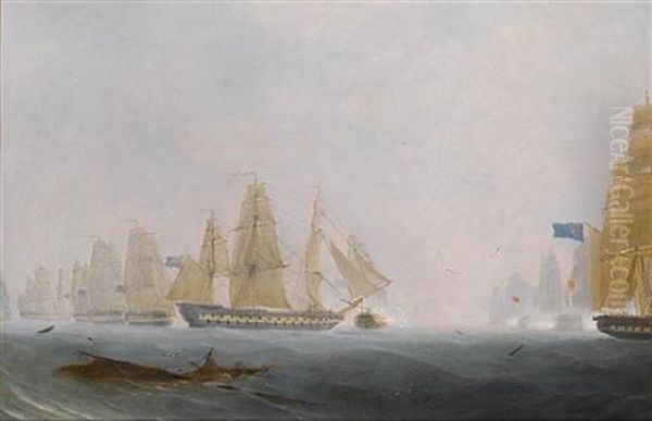 H.m.s. "caesar" And Lord Howe's Flagship H.m.s. "queen Charlotte" Engaging The French Fleet, 29th. May 1794 Oil Painting by Robert Strickland Thomas
