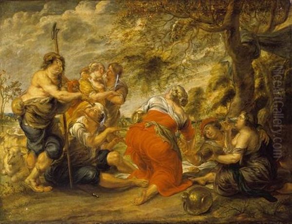 A Pastoral Landscape With Shepherds Drinking And Eating Under A Tree, Together With A Bagpipe Player And A Lute Player, A Flock Of Sheep Nearby Oil Painting by Jan Thomas