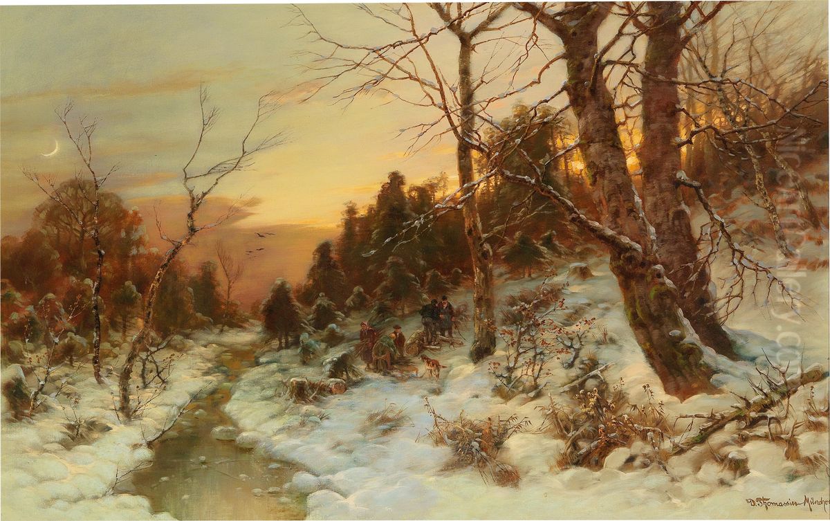 Woodworkers In A Winter Woodland Oil Painting by Desire Thomassin