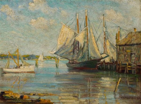 Boats In Harbor Oil Painting by George Albert Thompson