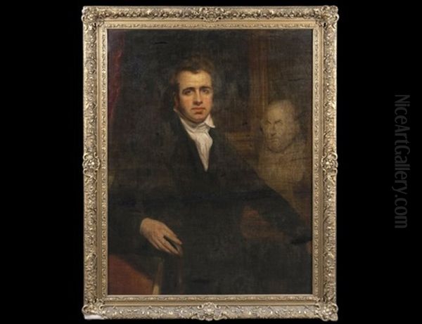 Self Portrait, Seated In Black Coat And White Stick By A Bust Of Seneca In An Interior Oil Painting by Thomas Clement Thompson