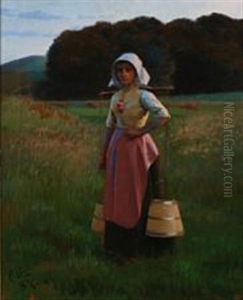 A Peasant Girl Carrying Milk Buckets Oil Painting by Carl Christian Frederik Jacob Thomsen