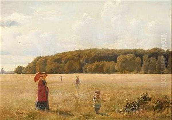 Summer Day With A Family Gathering Flowers In A Field Oil Painting by Carl Christian Frederik Jacob Thomsen