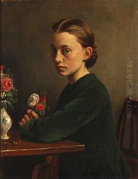 Portrait Of A Girl In A Green Dress Oil Painting by Carl Christian Frederik Jacob Thomsen