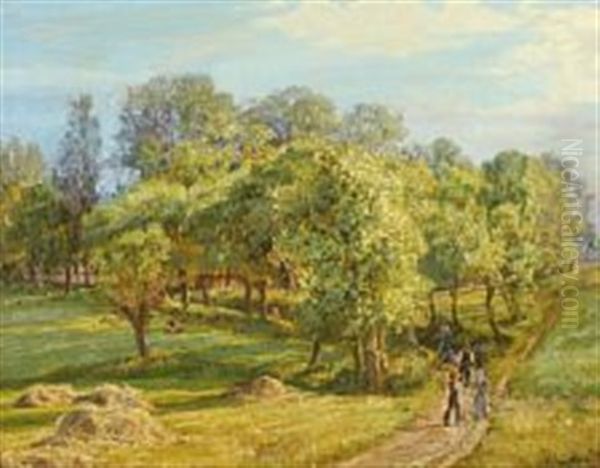 Danish Summer Landscape With Harvest Worker Heading Home Oil Painting by Pauline Thomsen