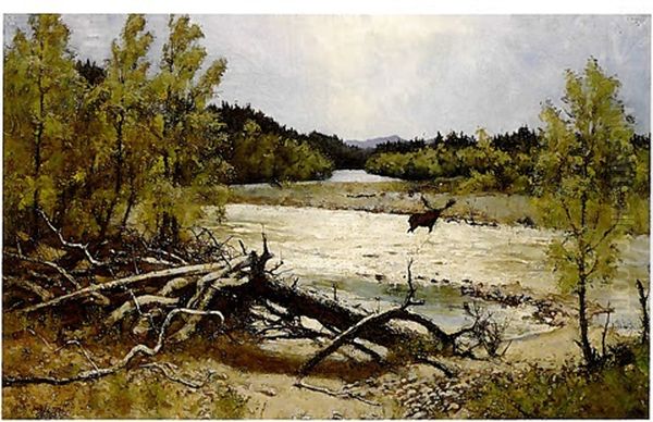 Moose In A River Landscape Oil Painting by Tom Thomson