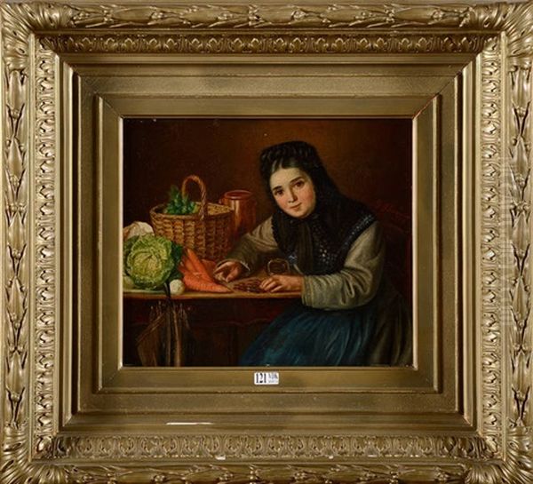 Jeune Fille Comptant Ses Sous Apres Le Marche Aux Legumes Oil Painting by Gustav Thonnard
