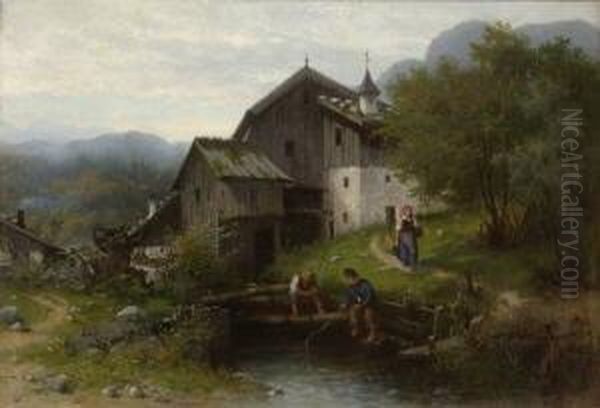 Zwei Kleine Angler Am Dorfbach. Oil Painting by Carl Breitbach