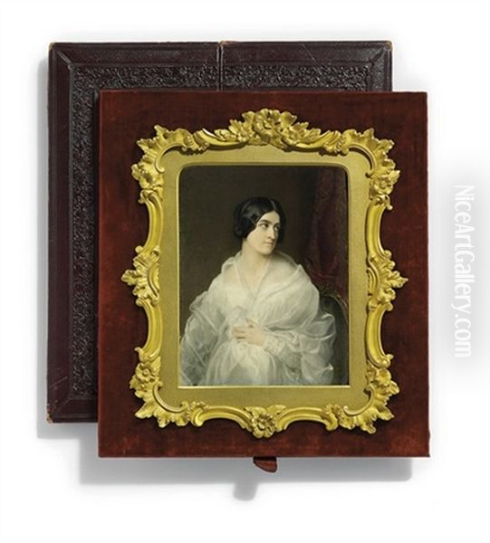 A Lady, In White Decollete Dress With Lace-trimmed Neckline, Ruched Sleeves, White Gauze Shawl, Her Dark Centre-parted Hair Upswept In A Chignon Oil Painting by Robert Thorburn