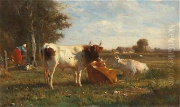 Open Landscape With Cows Oil Painting by Otto Karl Kasimir Von Thoren