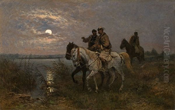 Full Moon Night With Hungarian Horsemen Oil Painting by Otto Karl Kasimir Von Thoren